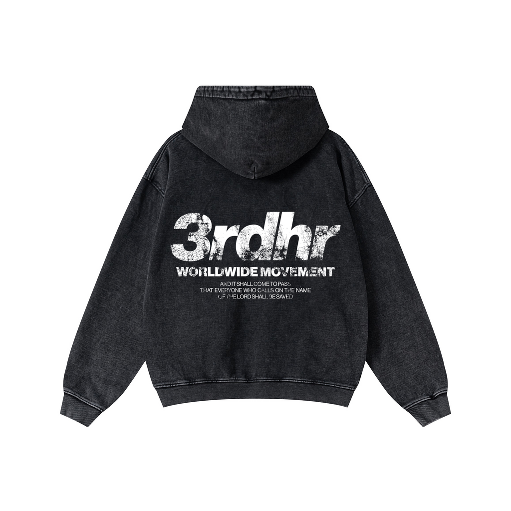 Black hoodie with '3rdhr Worldwide Movement' text on the back against a white background