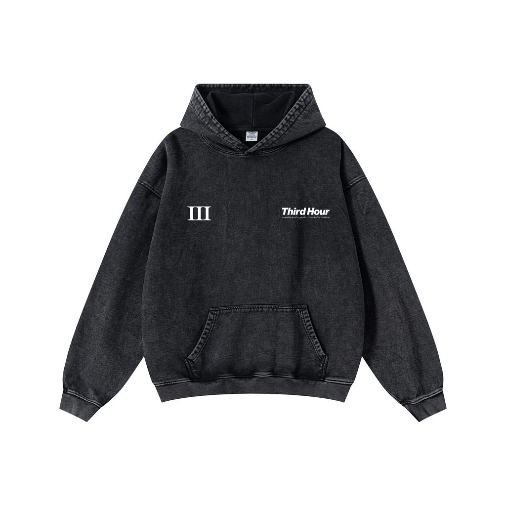 Black hoodie with 'Third Hour' logo on a white background